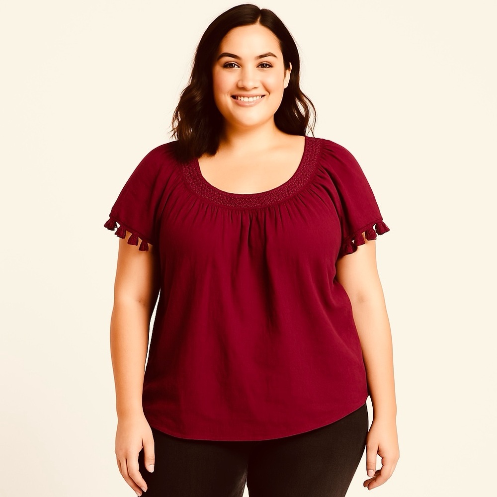 Architect Woman Burgundy Embroidered Tassel Peasant Top – 3X